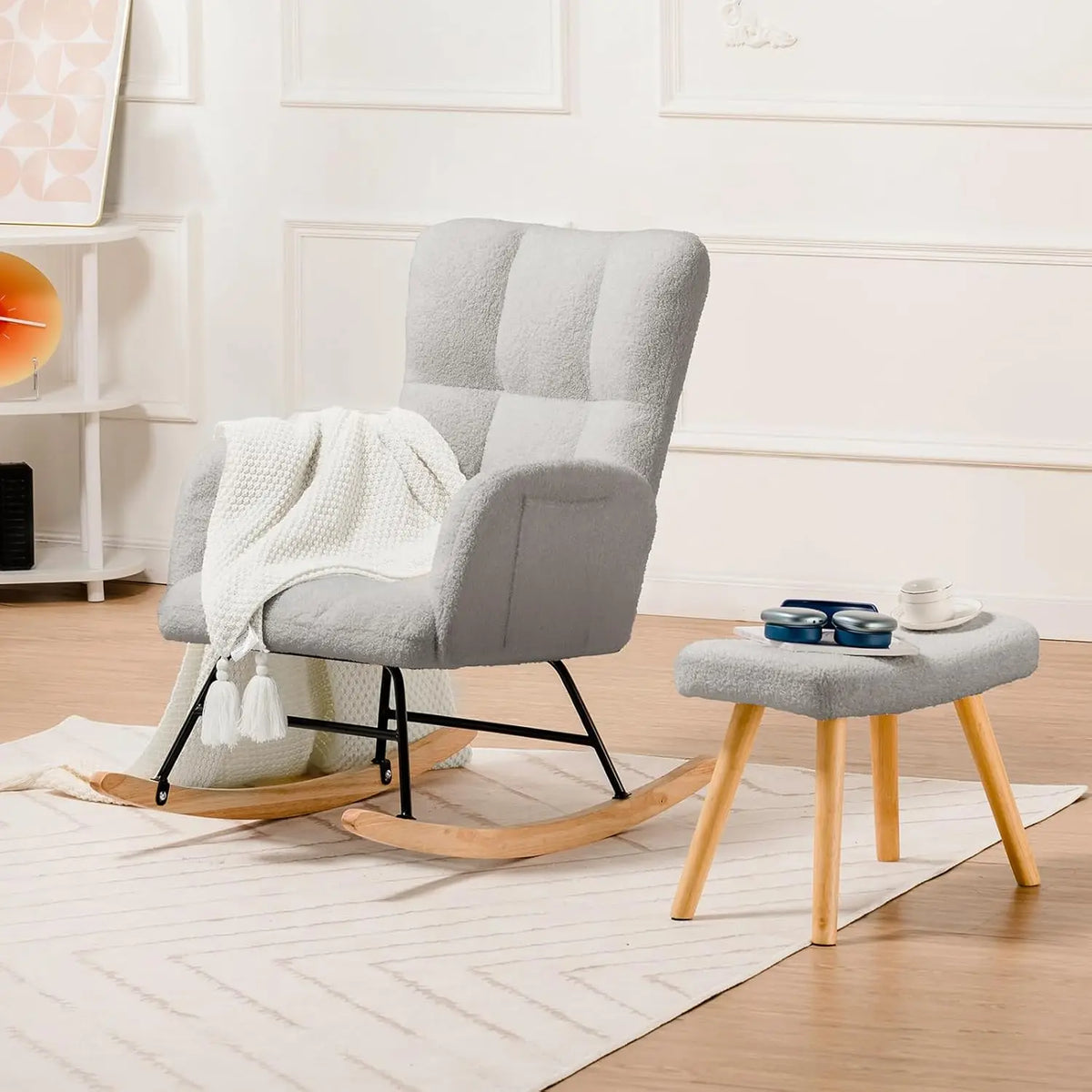 COMHOMA Nursery Rocking Chair, Teddy Glider with Side Pockets, High Back Chair for Adults, Bedroom & Living Room