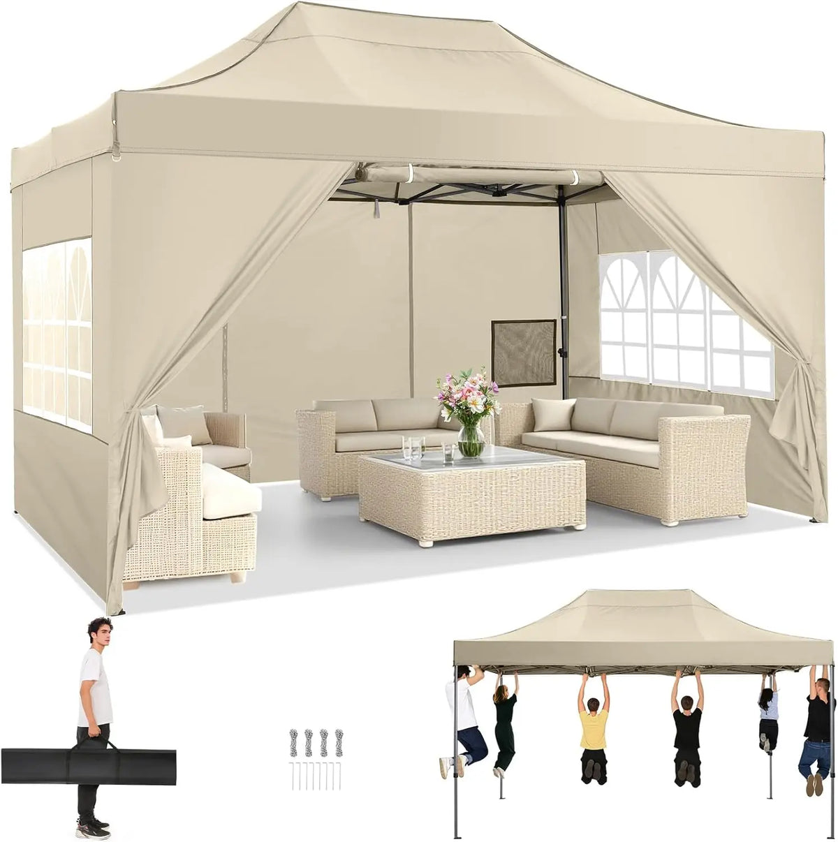 10x15ft Pop Up Canopy Tent Heavy Duty Gazebo with 4 Sidewalls, UPF 50+ All Weather Waterproof Commercial Outdoor Wedding Party Tent