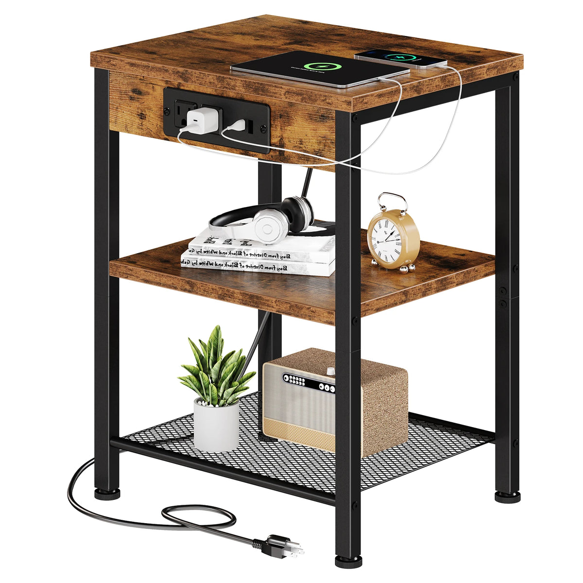 JHK 1/2 Pack 3-Tier Small Side Table with Charging Station Outlets and USB Ports Adjustable Nightstand for Living Room Bedroom Small Spaces 