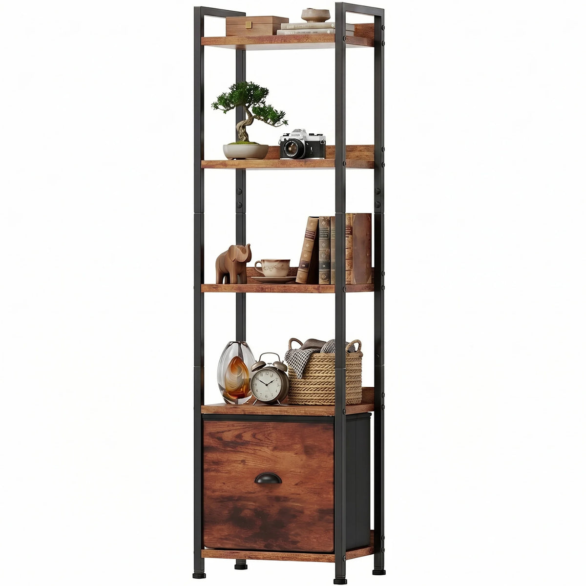 MCQ 5-Tiers Metal Classic Bookshelf with Fabric Drawer Freestanding Tall Display Shelf Storage Shelves Bookshelf Sturdy Structure Graduated Shelves for Home