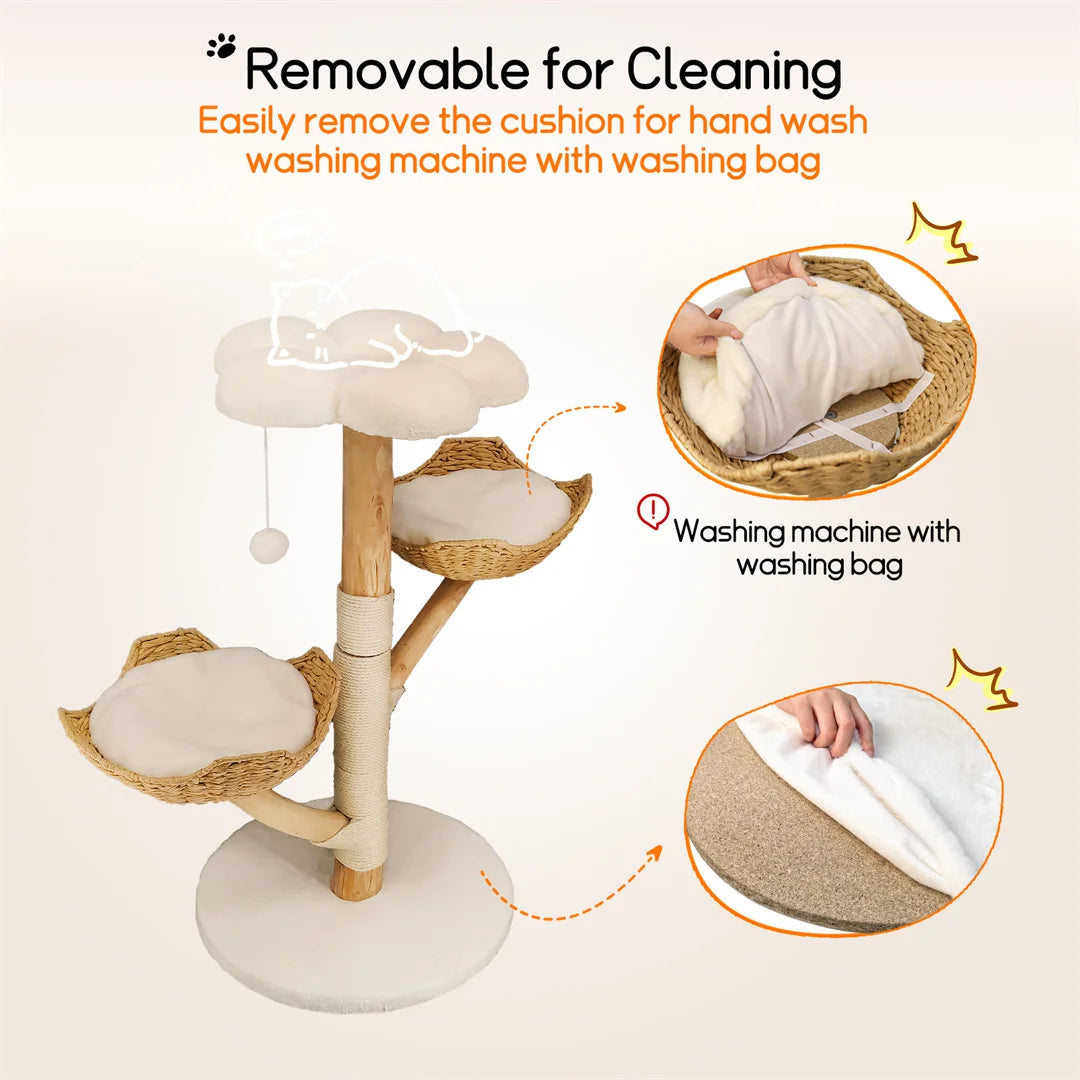 43.3" Modern Cat Furniture Climbing Tree Solid Wood Activity Center with Scratching Post for Kitty