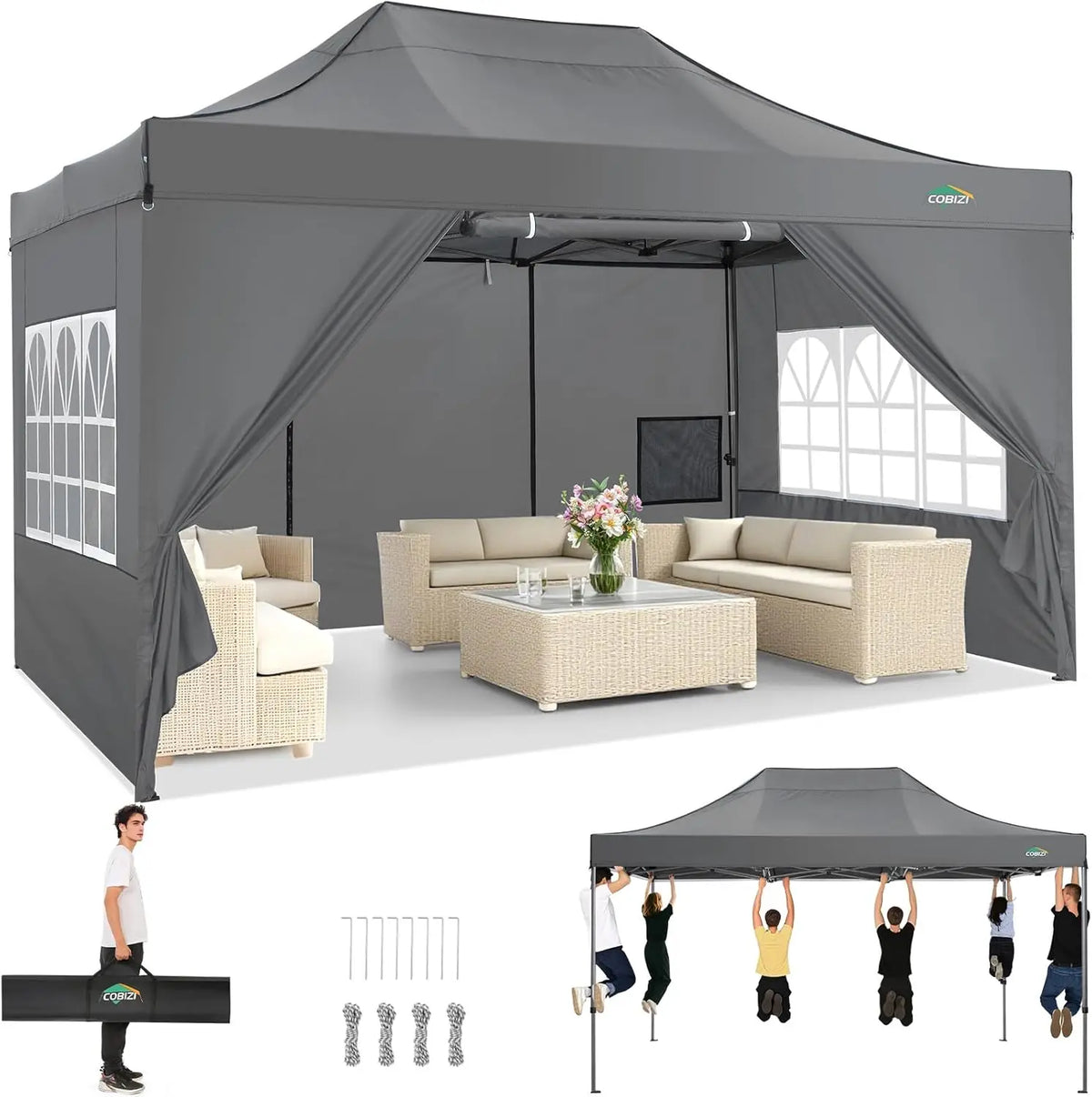 10x15ft Pop Up Canopy Tent Heavy Duty Gazebo with 4 Sidewalls, UPF 50+ All Weather Waterproof Commercial Outdoor Wedding Party Tent