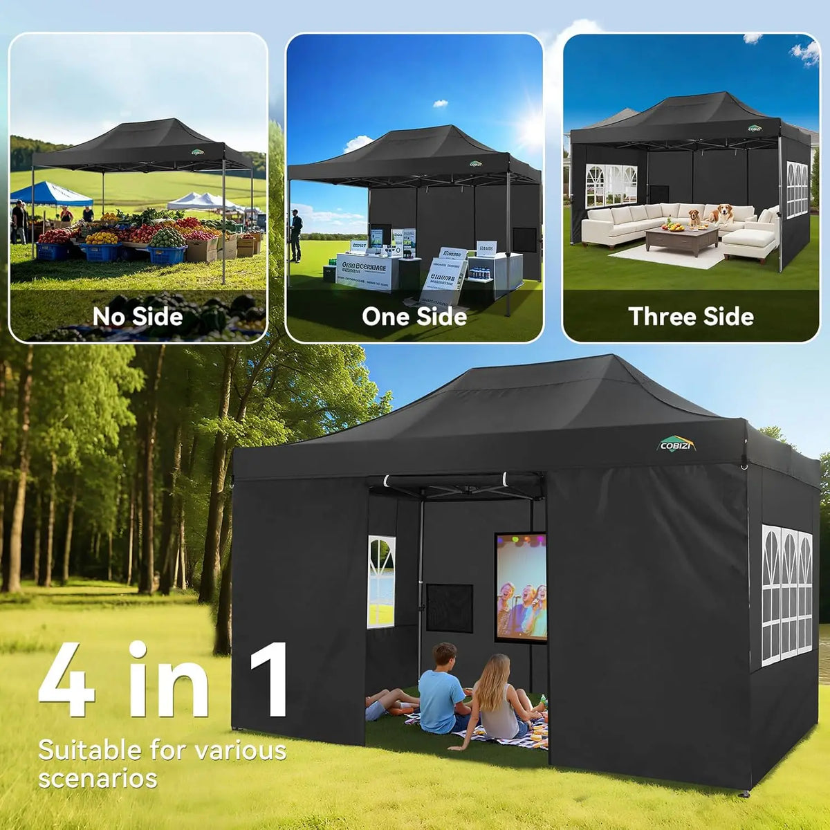 10x15ft Pop Up Canopy Tent Heavy Duty Gazebo with 4 Sidewalls, UPF 50+ All Weather Waterproof Commercial Outdoor Wedding Party Tent