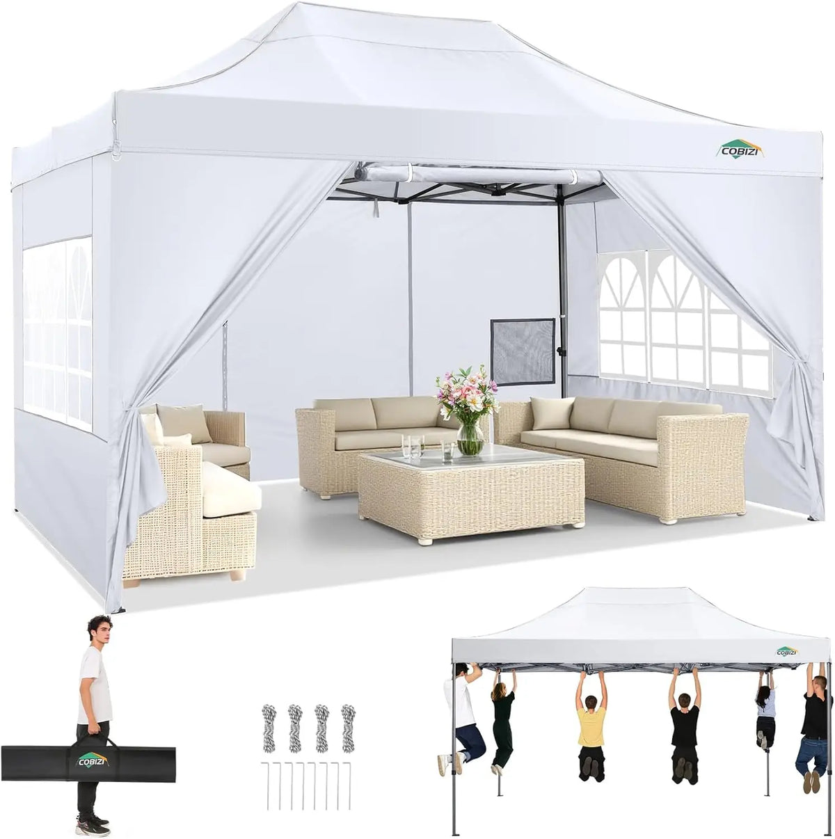 10x15ft Pop Up Canopy Tent Heavy Duty Gazebo with 4 Sidewalls, UPF 50+ All Weather Waterproof Commercial Outdoor Wedding Party Tent