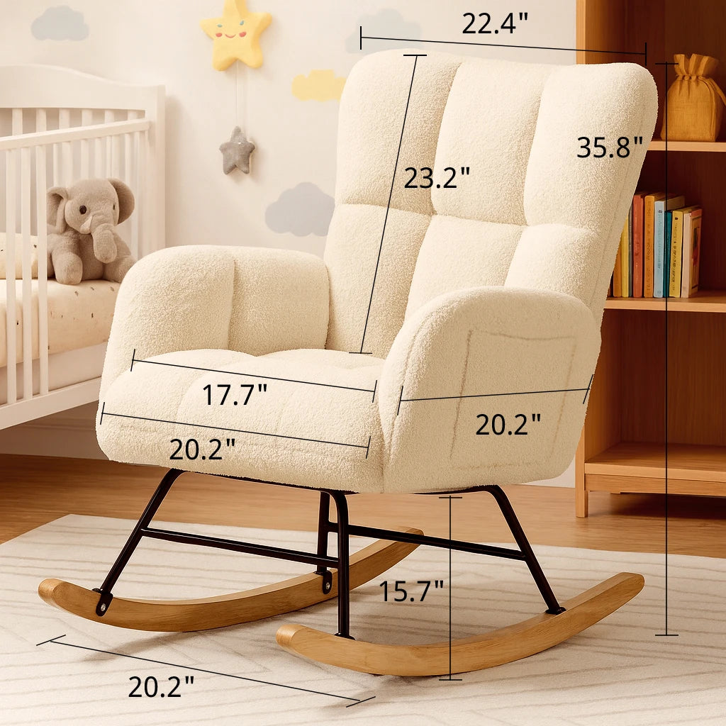 COMHOMA Nursery Rocking Chair, Teddy Glider with Side Pockets, High Back Chair for Adults, Bedroom & Living Room