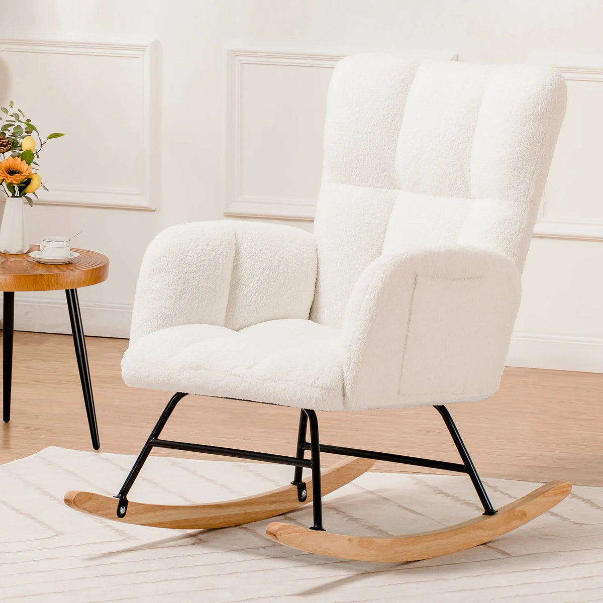 COMHOMA Nursery Rocking Chair, Teddy Glider with Side Pockets, High Back Chair for Adults, Bedroom & Living Room