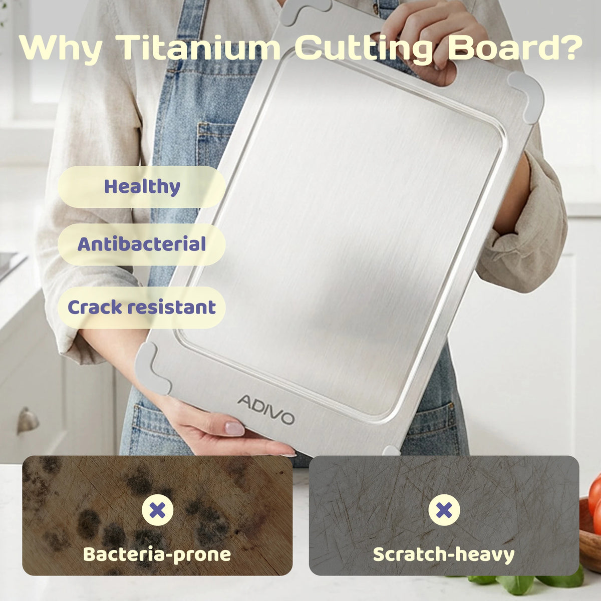 Adivo Pure Titanium Cutting Board, Metal Chopping and Kitchen Prep Board, Medium or Large