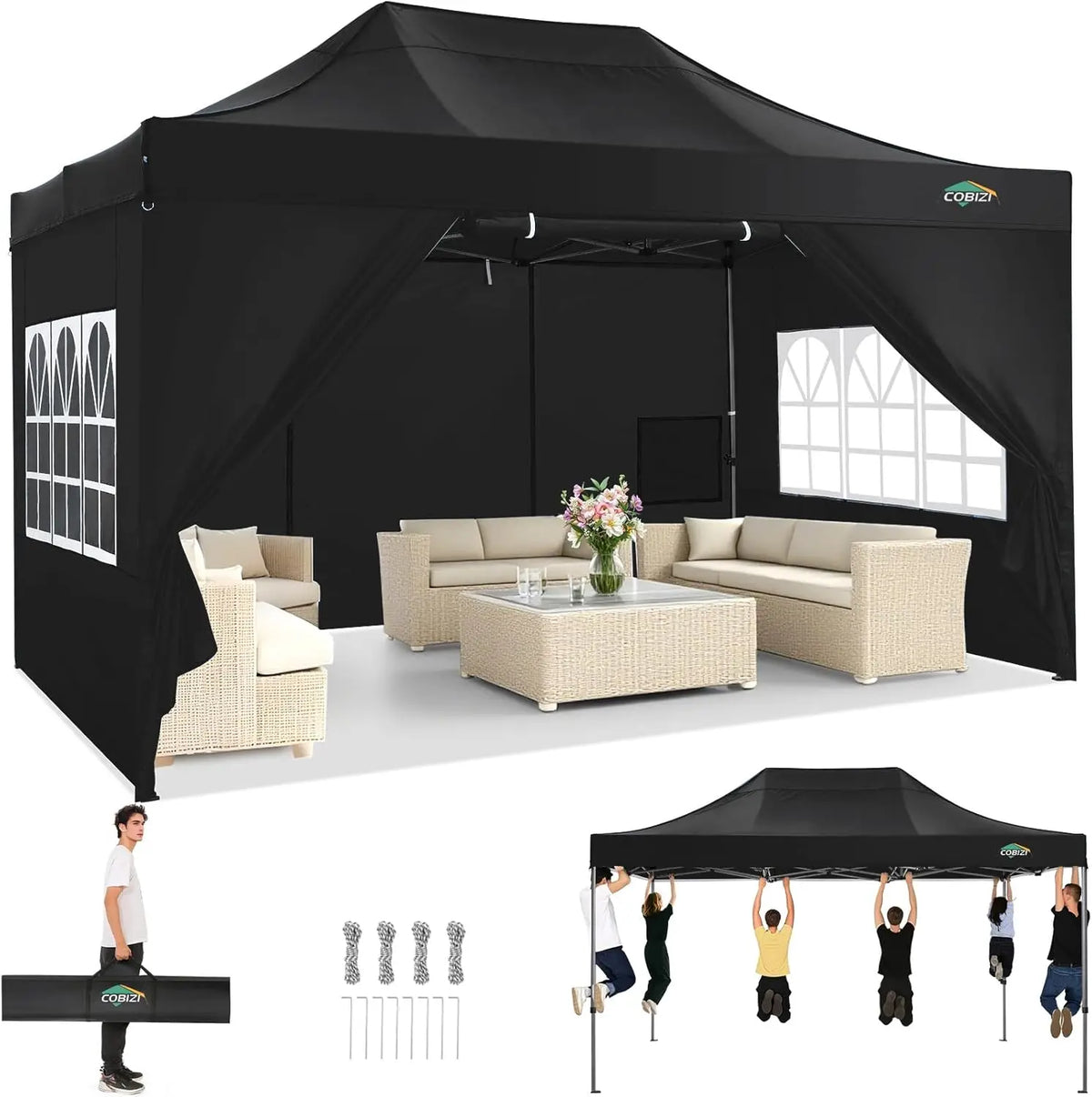 10x15ft Pop Up Canopy Tent Heavy Duty Gazebo with 4 Sidewalls, UPF 50+ All Weather Waterproof Commercial Outdoor Wedding Party Tent