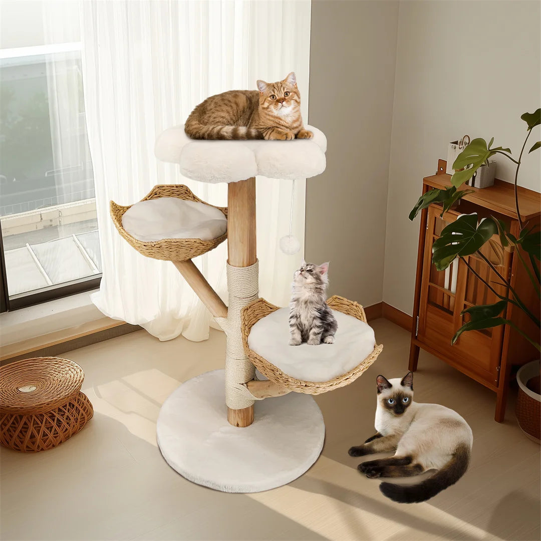 43.3" Modern Cat Furniture Climbing Tree Solid Wood Activity Center with Scratching Post for Kitty