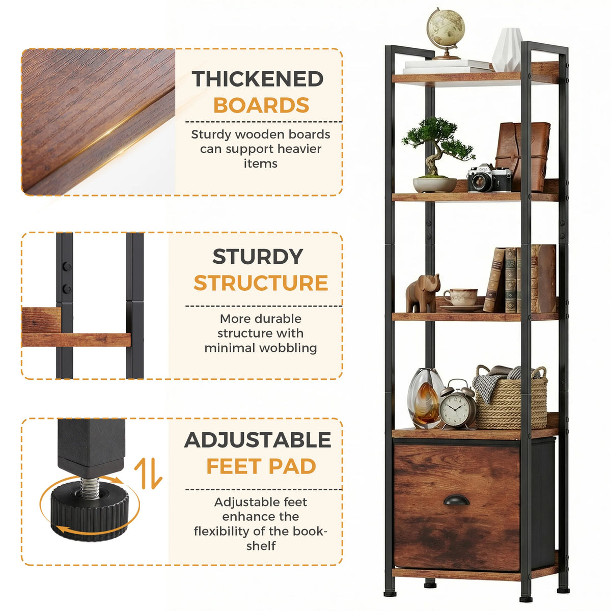 MCQ 5-Tiers Metal Classic Bookshelf with Fabric Drawer Freestanding Tall Display Shelf Storage Shelves Bookshelf Sturdy Structure Graduated Shelves for Home
