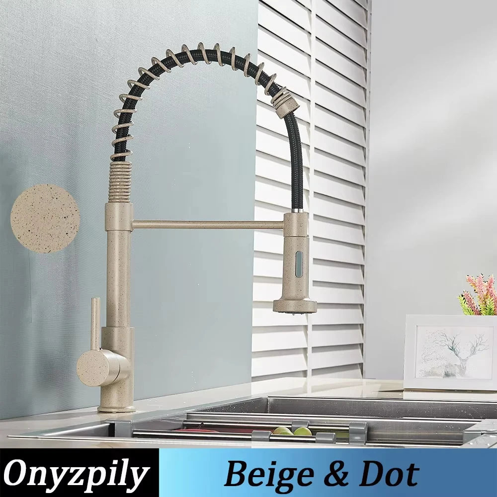 Spring Brushed Kitchen Sink Faucet Pull Down Sprayer Nozzle Single Handle Faucets Mixer Hot Cold Stainless Steel Modern
