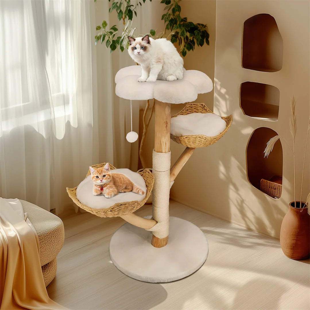 43.3" Modern Cat Furniture Climbing Tree Solid Wood Activity Center with Scratching Post for Kitty