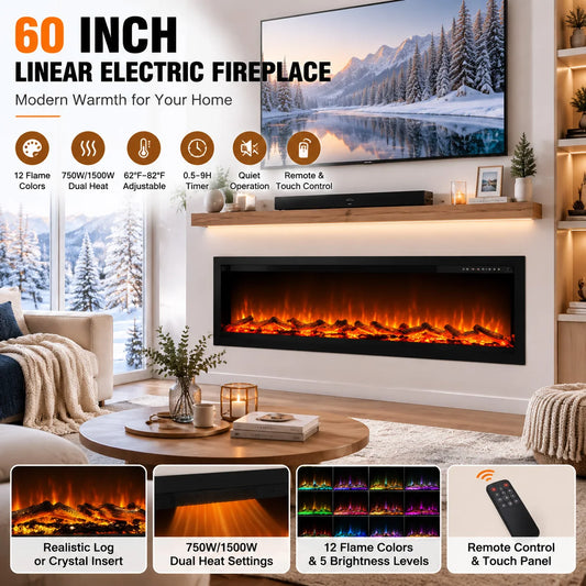 Electric Fireplace 60 Inch Recessed Wall Mount Linear Fireplace Heater with 12 Color Flames Log and Crystal Insert 750 1500W Adjustable Speed Brightness Remote Touch Screen Timer for Home Living Room Bedroom