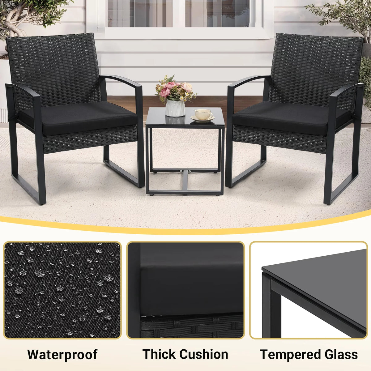 3 Pcs Outdoor Wicker Patio Bistro Set Conversation Furniture with Coffee Table Cushions for Garden Pool Balcony Backyard