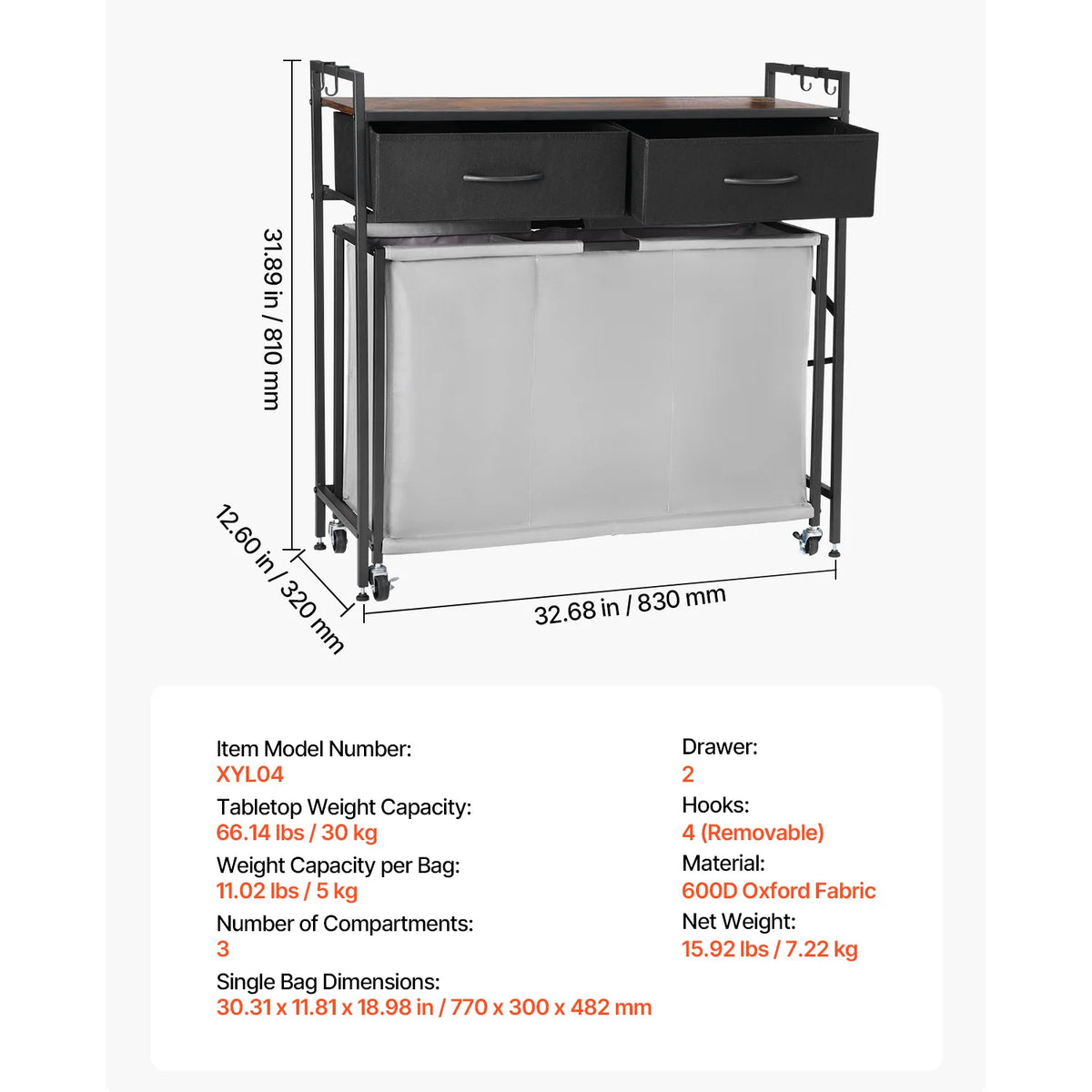 SucceBuy Laundry Sorter Large Laundry Hamper with Metal Frame Freestanding Storage Organizer Baskets for Dirty Clothes, Bathroom