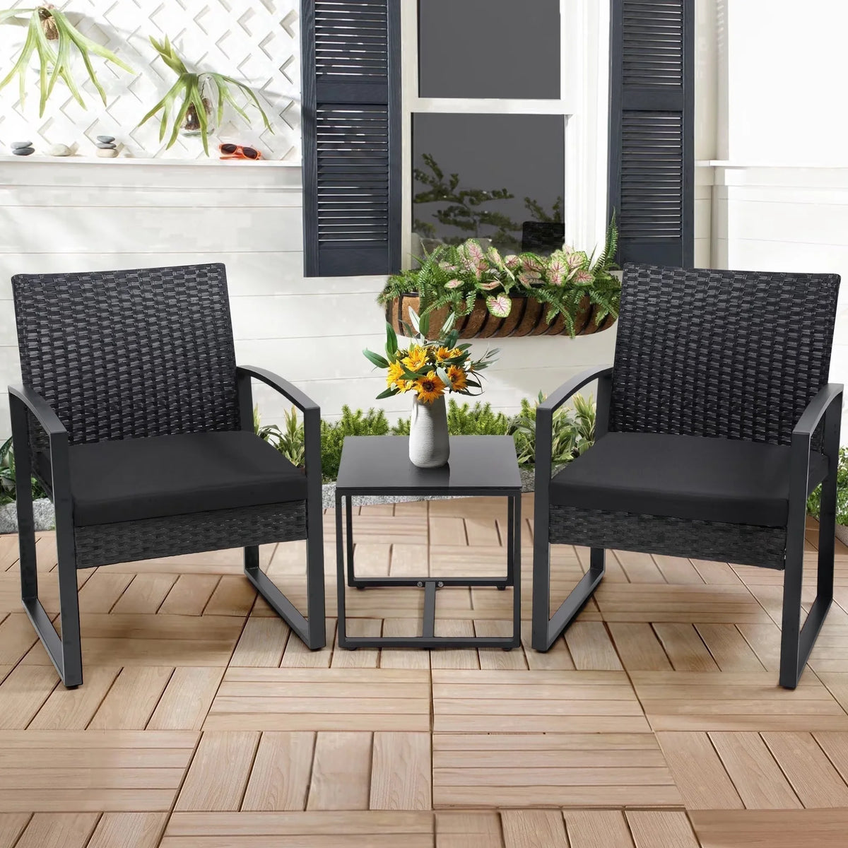 3 Pcs Outdoor Wicker Patio Bistro Set Conversation Furniture with Coffee Table Cushions for Garden Pool Balcony Backyard