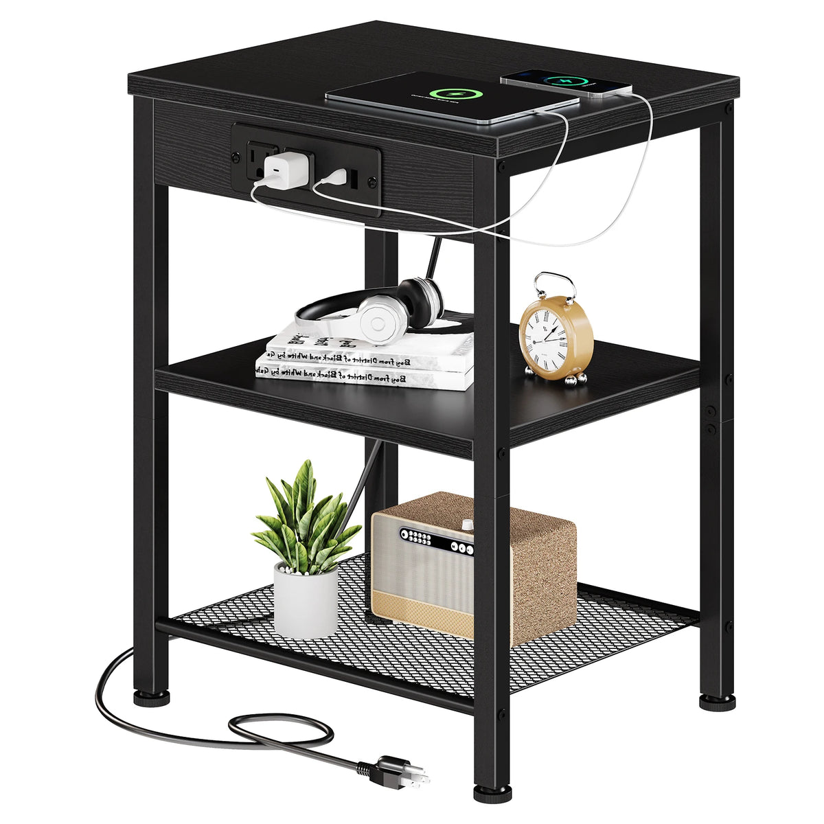 JHK 1/2 Pack 3-Tier Small Side Table with Charging Station Outlets and USB Ports Adjustable Nightstand for Living Room Bedroom Small Spaces ﻿