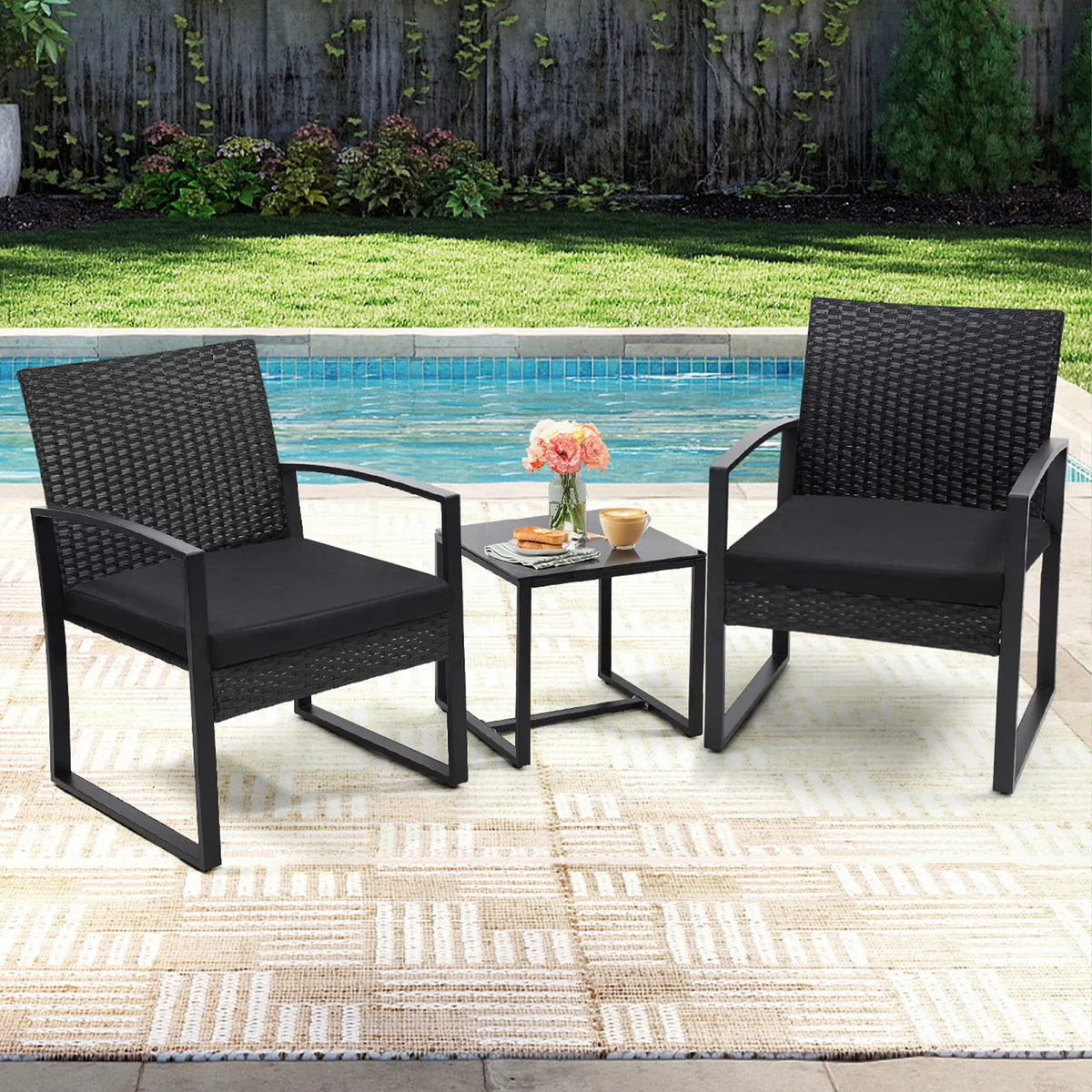 3 Pcs Outdoor Wicker Patio Bistro Set Conversation Furniture with Coffee Table Cushions for Garden Pool Balcony Backyard
