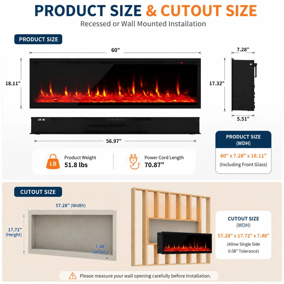 Electric Fireplace 60 Inch Recessed Wall Mount Linear Fireplace Heater with 12 Color Flames Log and Crystal Insert 750 1500W Adjustable Speed Brightness Remote Touch Screen Timer for Home Living Room Bedroom
