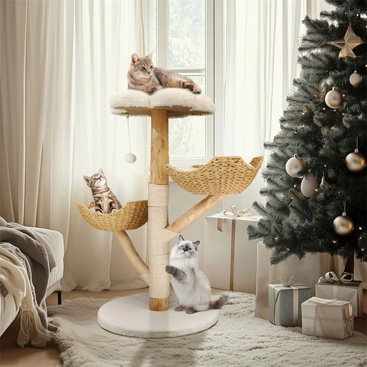 43.3" Modern Cat Furniture Climbing Tree Solid Wood Activity Center with Scratching Post for Kitty
