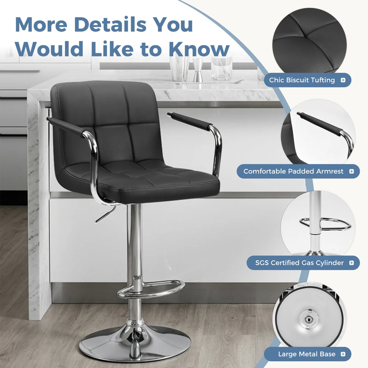 JHK Ergonomic Padded Armrests PU Leather Adjustable Swivel Office Chair Counter Height Thickened Seat Cushion with Back Chair