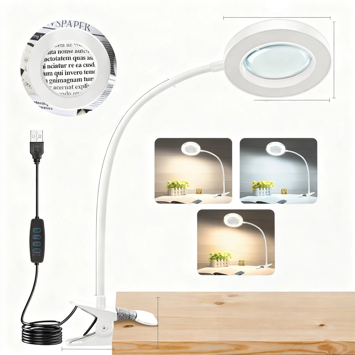 LED Clip-On Magnifying Desk Lamp 5X Magnifier USB Powered 3 Colors 10 Levels Dimmable Adjustable Flexible Gooseneck Sturdy Metal Clamp Base Makeup Reading Craft Repair Sewing Hobby Light for Office Study Bedroom Living Room W