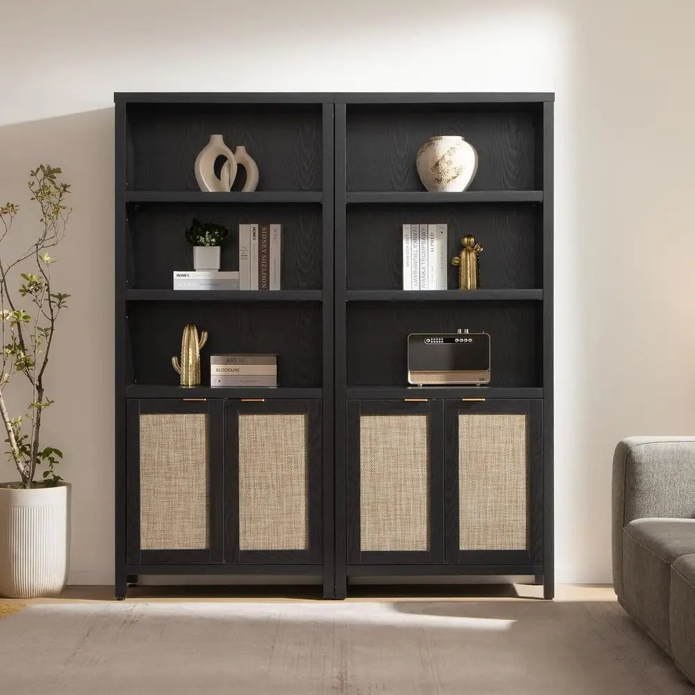 Bookcase 71" Tall Bookshelf 5-Tier Rattan Boho Bookcase with Storage Large Book Case Shelf farmhouse Bookshelves
