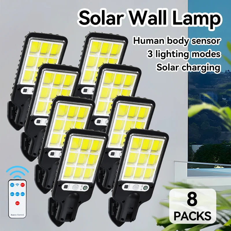 Solar Outdoor LED Courtyard Wall Lamp 3 Light Modes Remote Control Human Body Induction Garden Terrace Garage Door Street Lamp