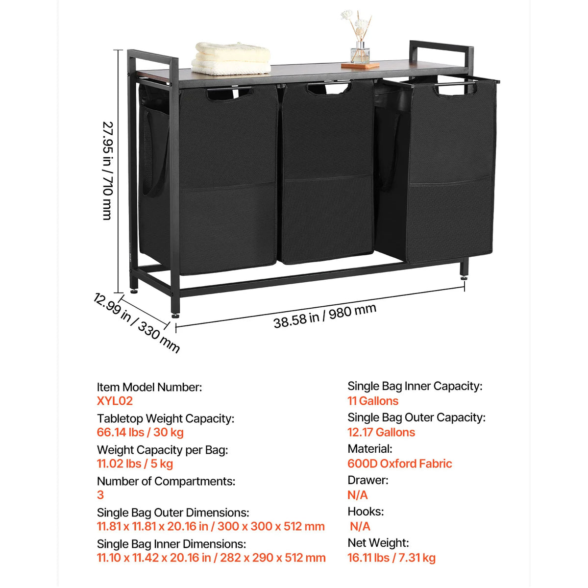 SucceBuy Laundry Sorter Large Laundry Hamper with Metal Frame Freestanding Storage Organizer Baskets for Dirty Clothes, Bathroom