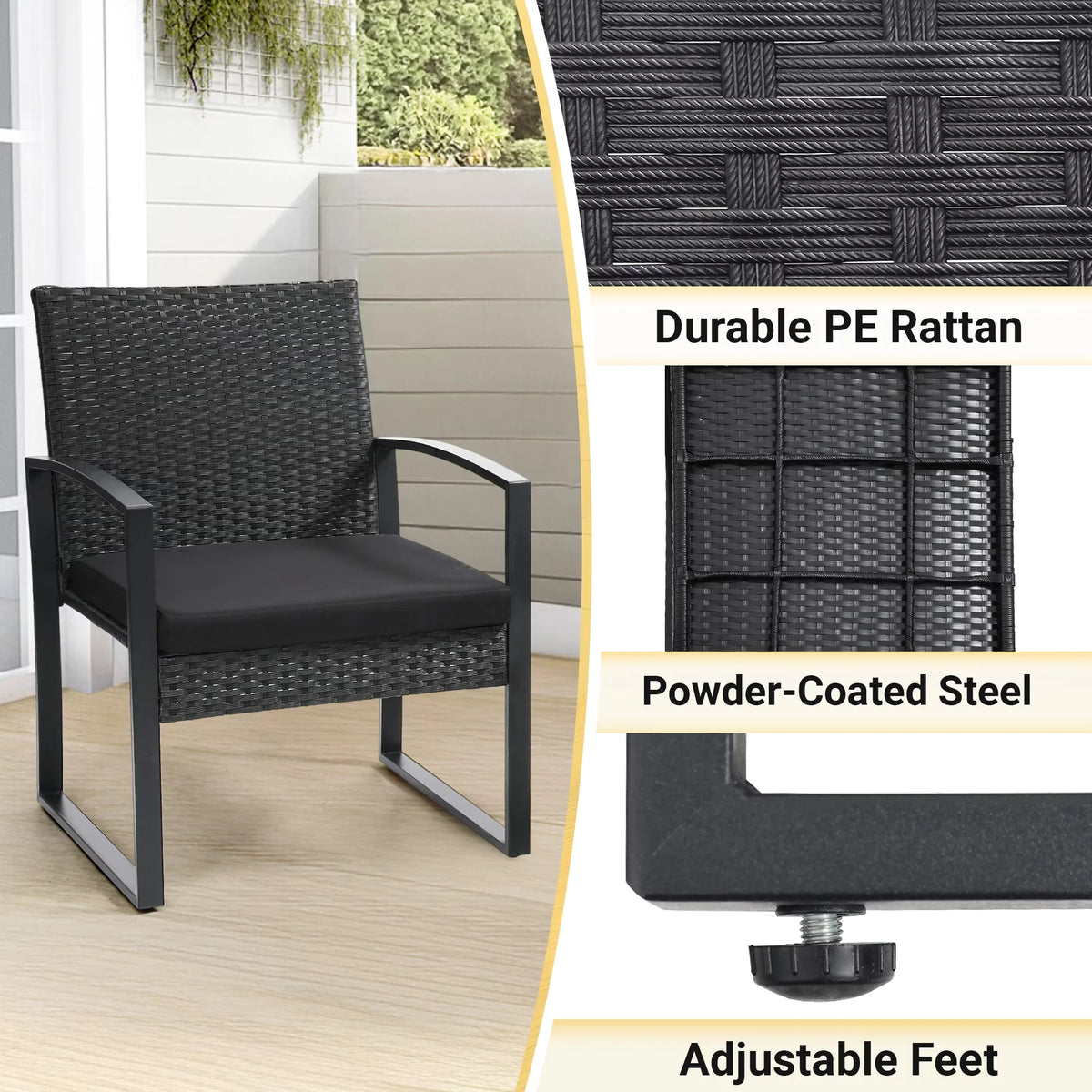 3 Pcs Outdoor Wicker Patio Bistro Set Conversation Furniture with Coffee Table Cushions for Garden Pool Balcony Backyard