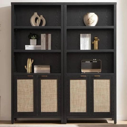 Bookcase 71" Tall Bookshelf 5-Tier Rattan Boho Bookcase with Storage Large Book Case Shelf farmhouse Bookshelves