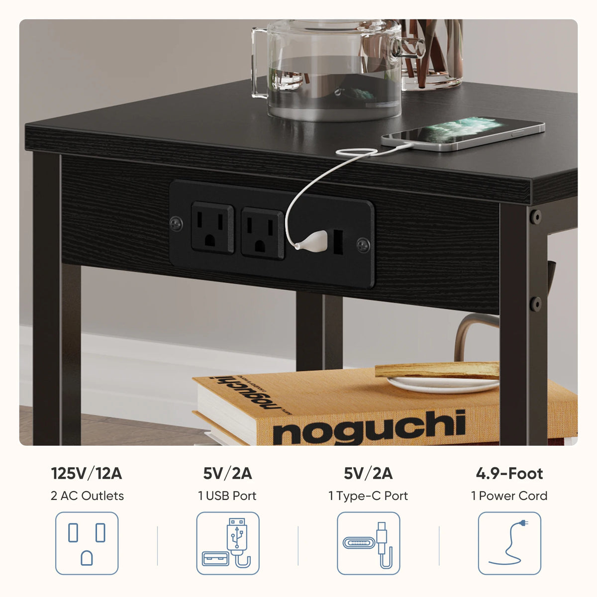 JHK 1/2 Pack 3-Tier Small Side Table with Charging Station Outlets and USB Ports Adjustable Nightstand for Living Room Bedroom Small Spaces ﻿