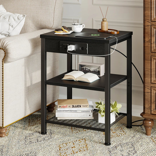 JHK 1/2 Pack 3-Tier Small Side Table with Charging Station Outlets and USB Ports Adjustable Nightstand for Living Room Bedroom Small Spaces ﻿