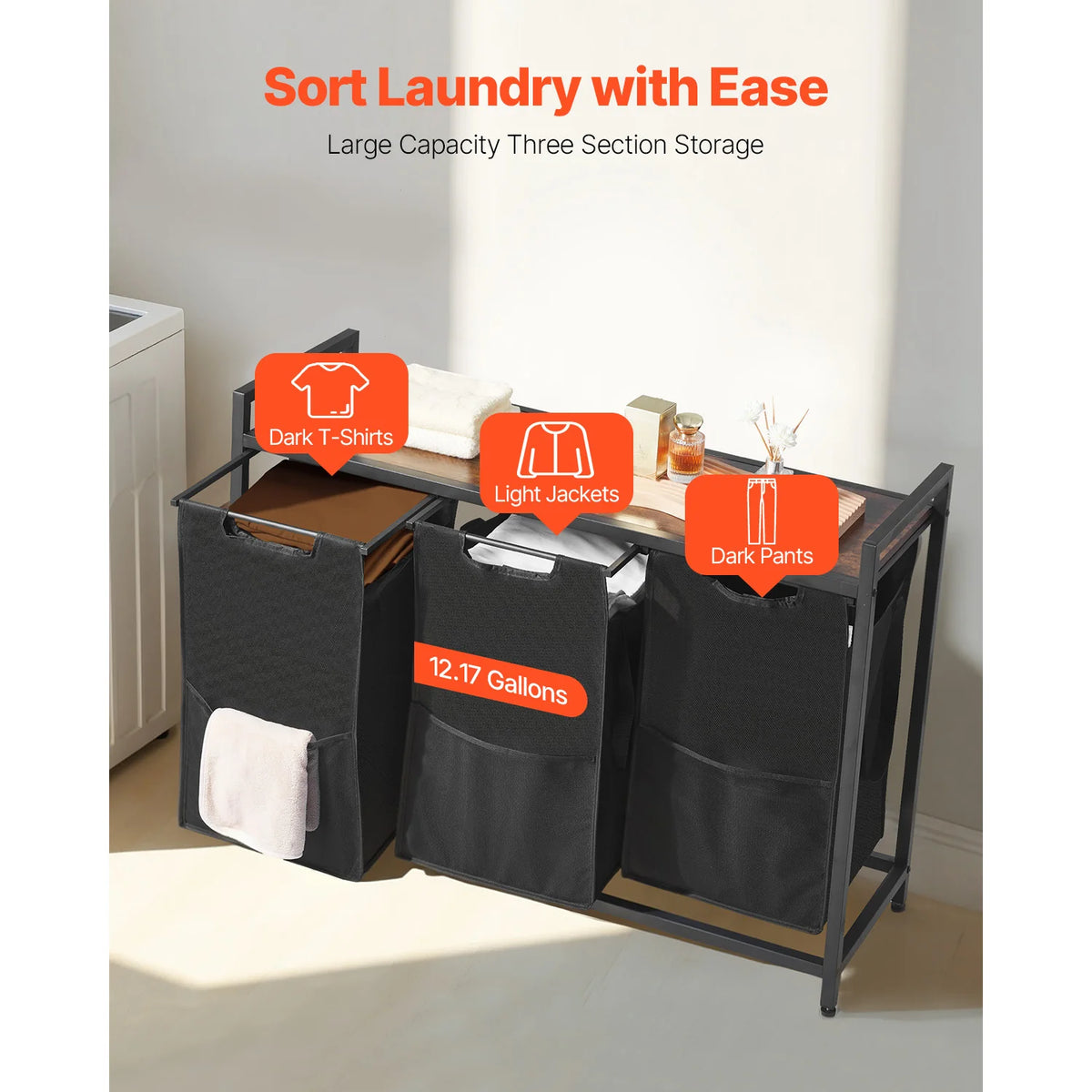 SucceBuy Laundry Sorter Large Laundry Hamper with Metal Frame Freestanding Storage Organizer Baskets for Dirty Clothes, Bathroom