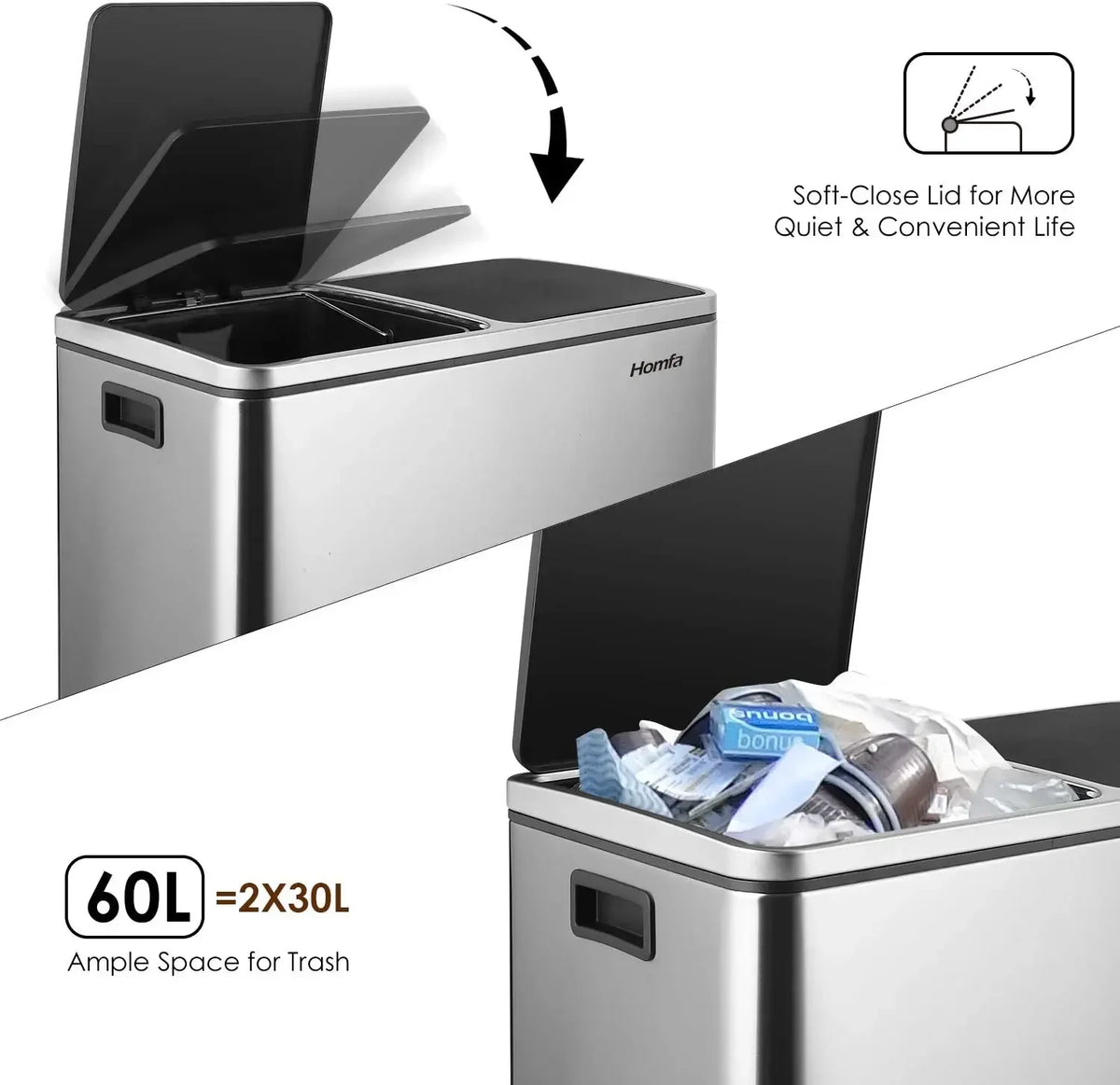 Brushed Stainless Steel 60L/16Gallon Rectangular Hands-Free Dual Compartment Recycling Kitchen Step Trash Can w/ Soft-Close Lid