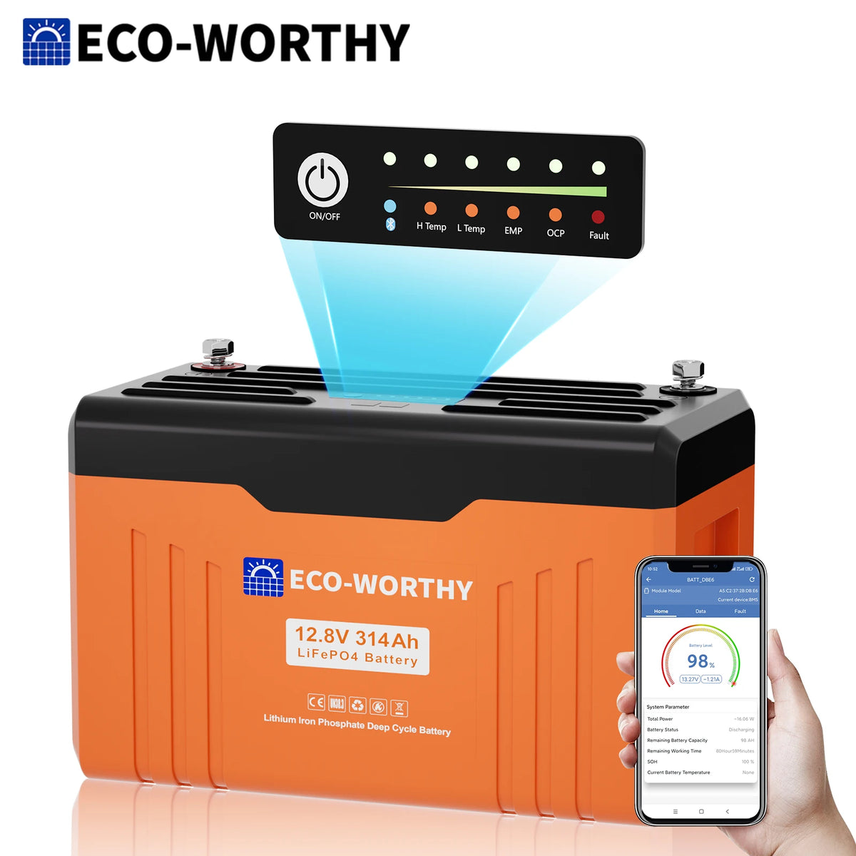 ECO-WORTHY 12V 314AH LiFePO4 Lithium Battery Bluetooth with SOC LEDs, Low Temp Protection, 3840WH, for Off-Grid RV