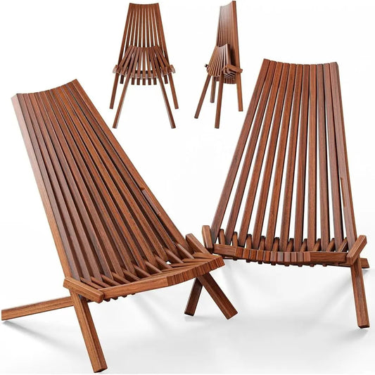 2-Pack Wooden folding Tamarack Chair, Low Profile Outdoor Lounge Seat, Chestnut - foldable Acacia Seating or Patio and Lawn, Portable