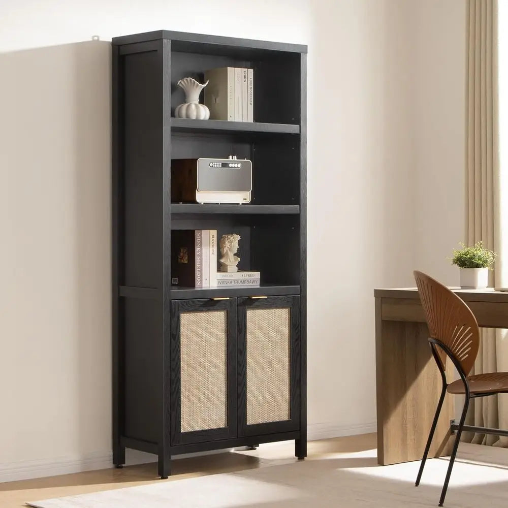 Bookcase 71" Tall Bookshelf 5-Tier Rattan Boho Bookcase with Storage Large Book Case Shelf farmhouse Bookshelves