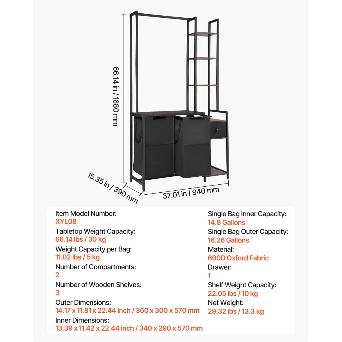 SucceBuy Laundry Sorter Large Laundry Hamper with Metal Frame Freestanding Storage Organizer Baskets for Dirty Clothes, Bathroom