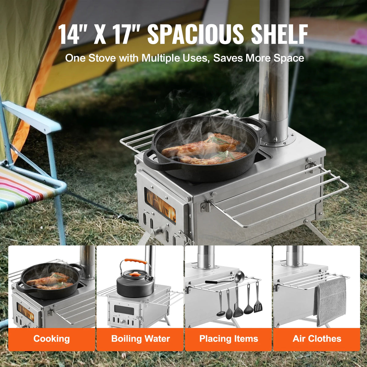 SucceBuy Wood Stove 80 in Stainless Steel Camping Tent Stove Portable Burning Stove with Chimney Pipes & Gloves 700in³Firebox