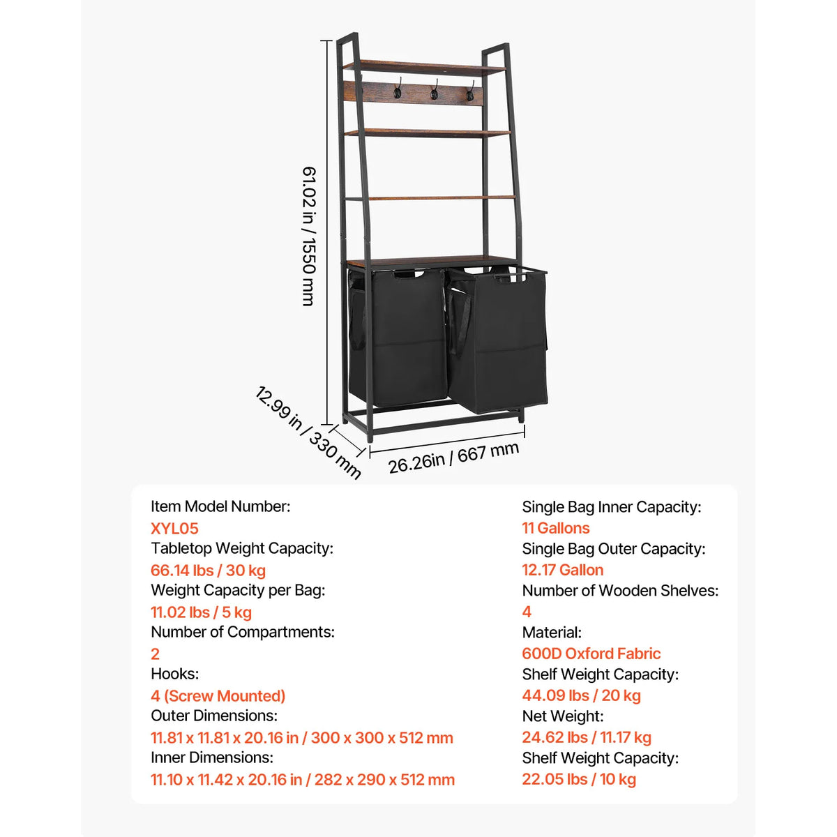 SucceBuy Laundry Sorter Large Laundry Hamper with Metal Frame Freestanding Storage Organizer Baskets for Dirty Clothes, Bathroom