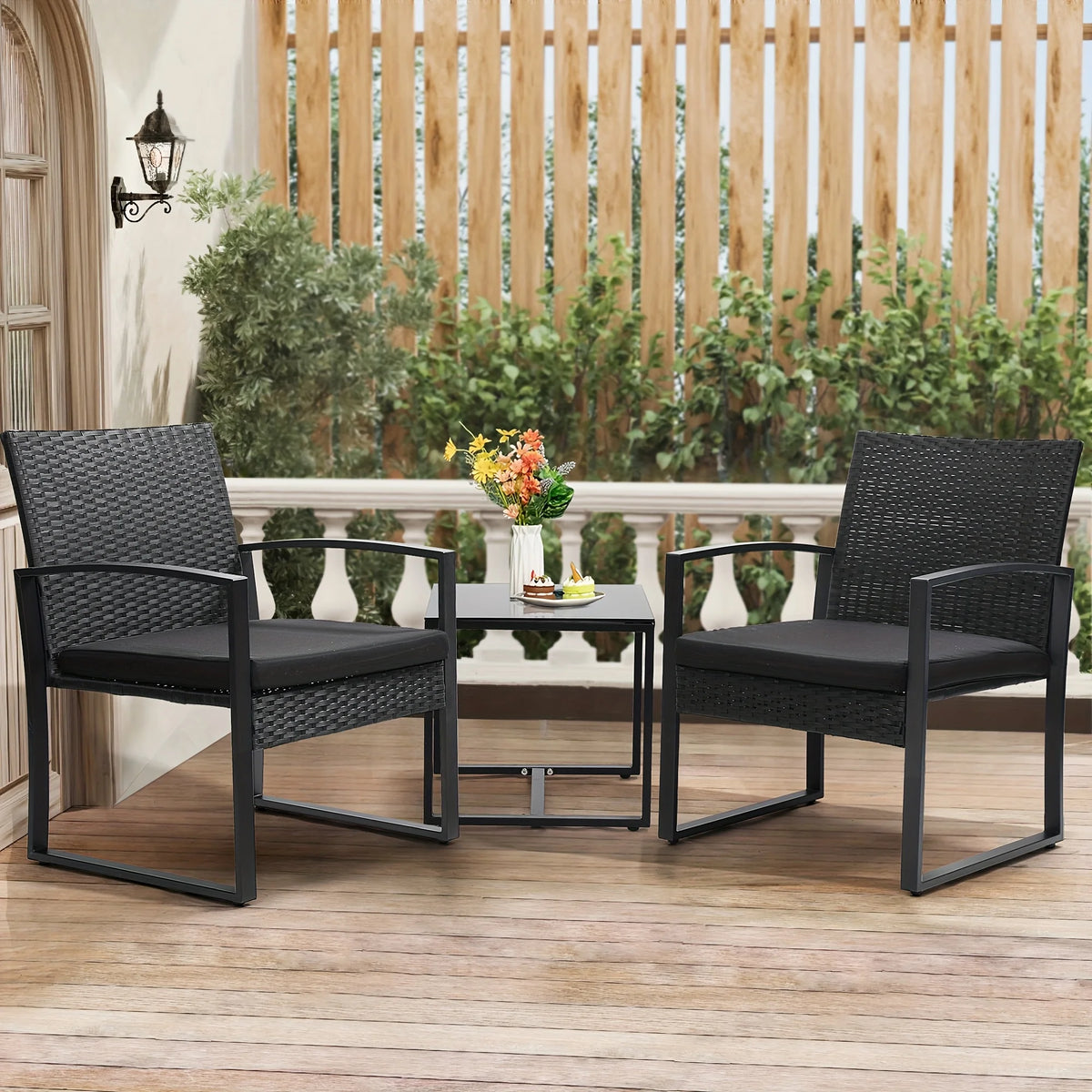 3 Pcs Outdoor Wicker Patio Bistro Set Conversation Furniture with Coffee Table Cushions for Garden Pool Balcony Backyard