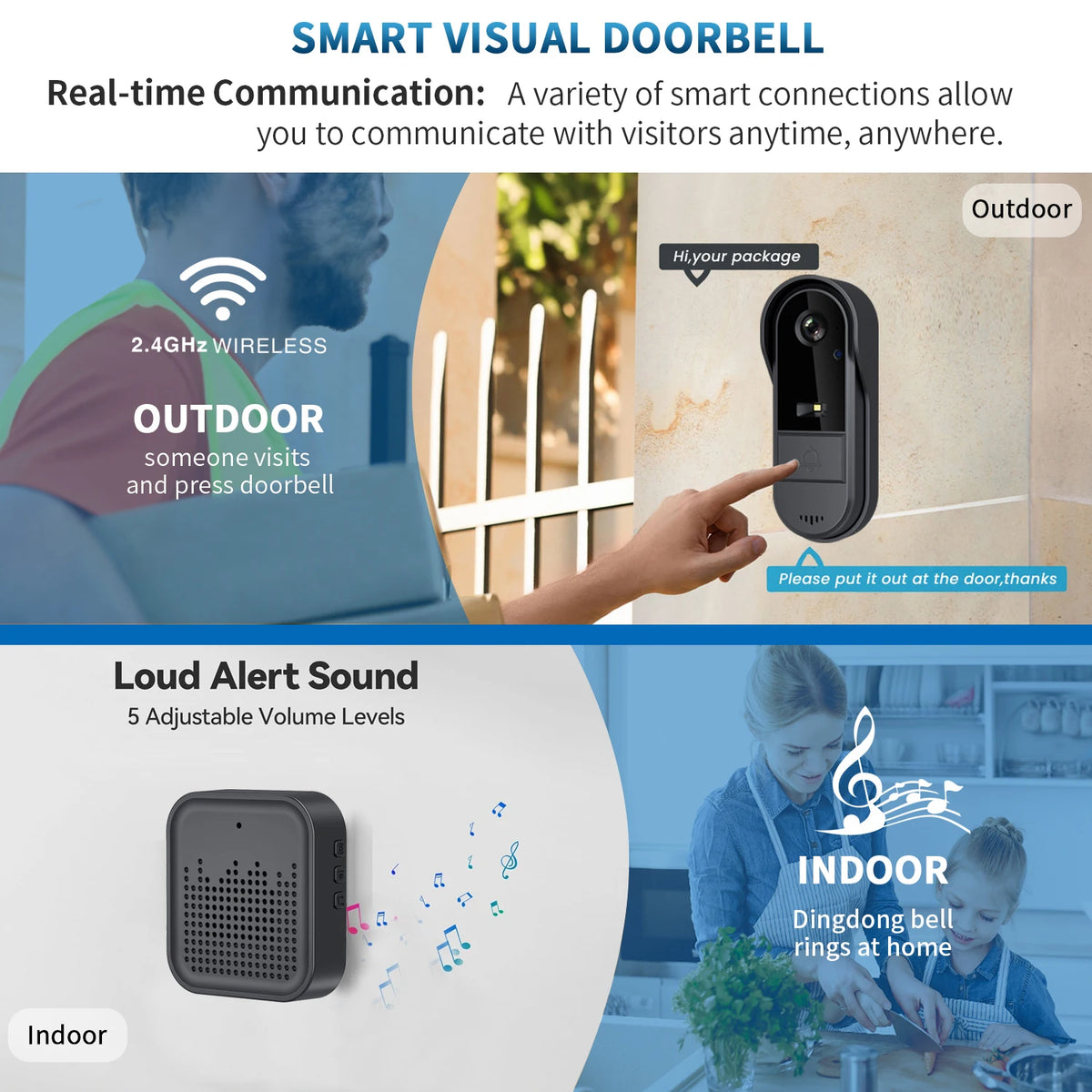 XBIBI Tuya WiFi doorbell  2-way HD 1080P, microSD/cloud, waterproof, 1000mAh battery, long standby,Wireless Security Camera
