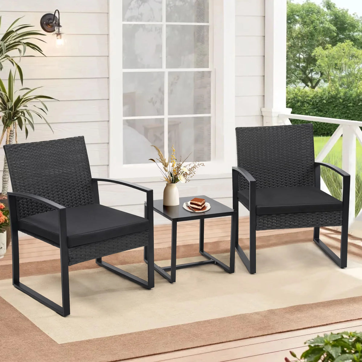 3 Pcs Outdoor Wicker Patio Bistro Set Conversation Furniture with Coffee Table Cushions for Garden Pool Balcony Backyard