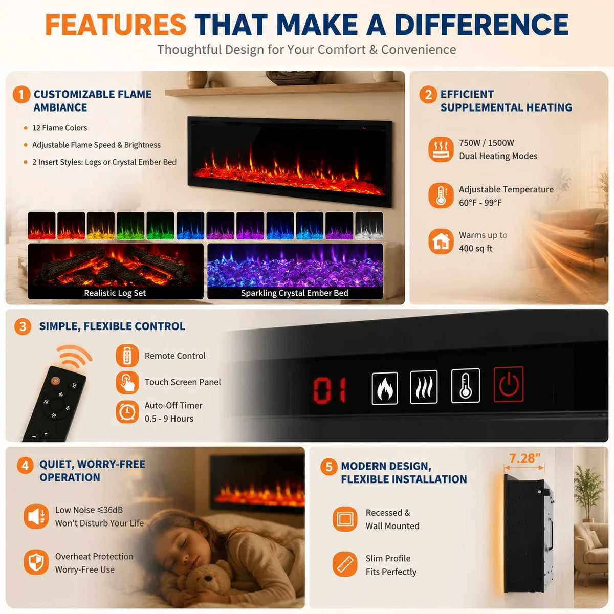 Electric Fireplace 60 Inch Recessed Wall Mount Linear Fireplace Heater with 12 Color Flames Log and Crystal Insert 750 1500W Adjustable Speed Brightness Remote Touch Screen Timer for Home Living Room Bedroom