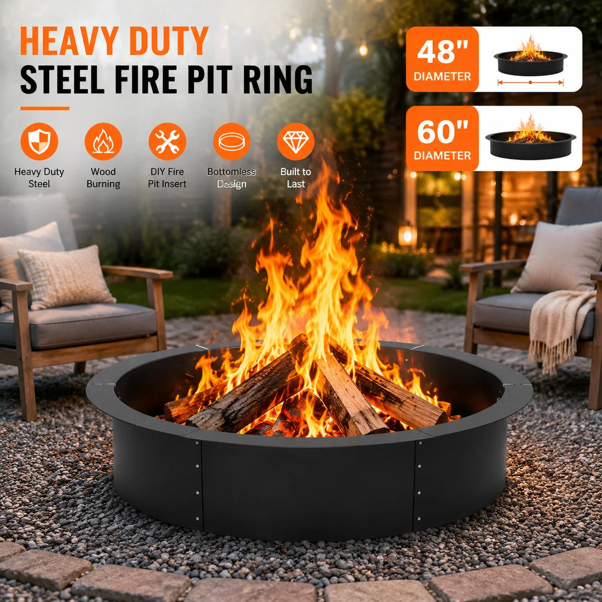 48 60 Inch Heavy Duty Steel Fire Pit Ring Insert Outdoor Wood Burning Fire Pit Liner Bottomless Round Fire Ring Above Ground In Ground DIY Backyard Patio Camping