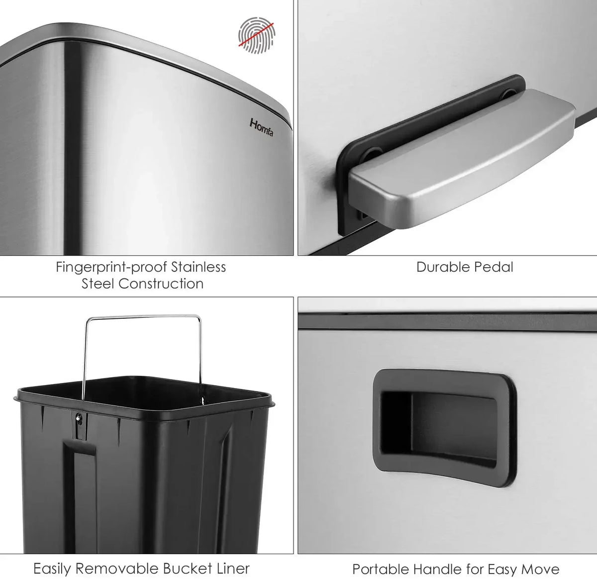 Brushed Stainless Steel 60L/16Gallon Rectangular Hands-Free Dual Compartment Recycling Kitchen Step Trash Can w/ Soft-Close Lid