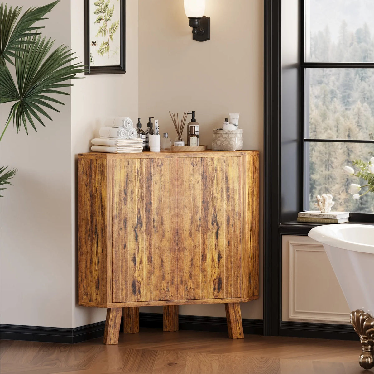 Farmhouse Corner Storage Cabinet with Adjustable Shelf,Industrial Wooden Corner Table,Corner End Table for Living Room,Kitchen