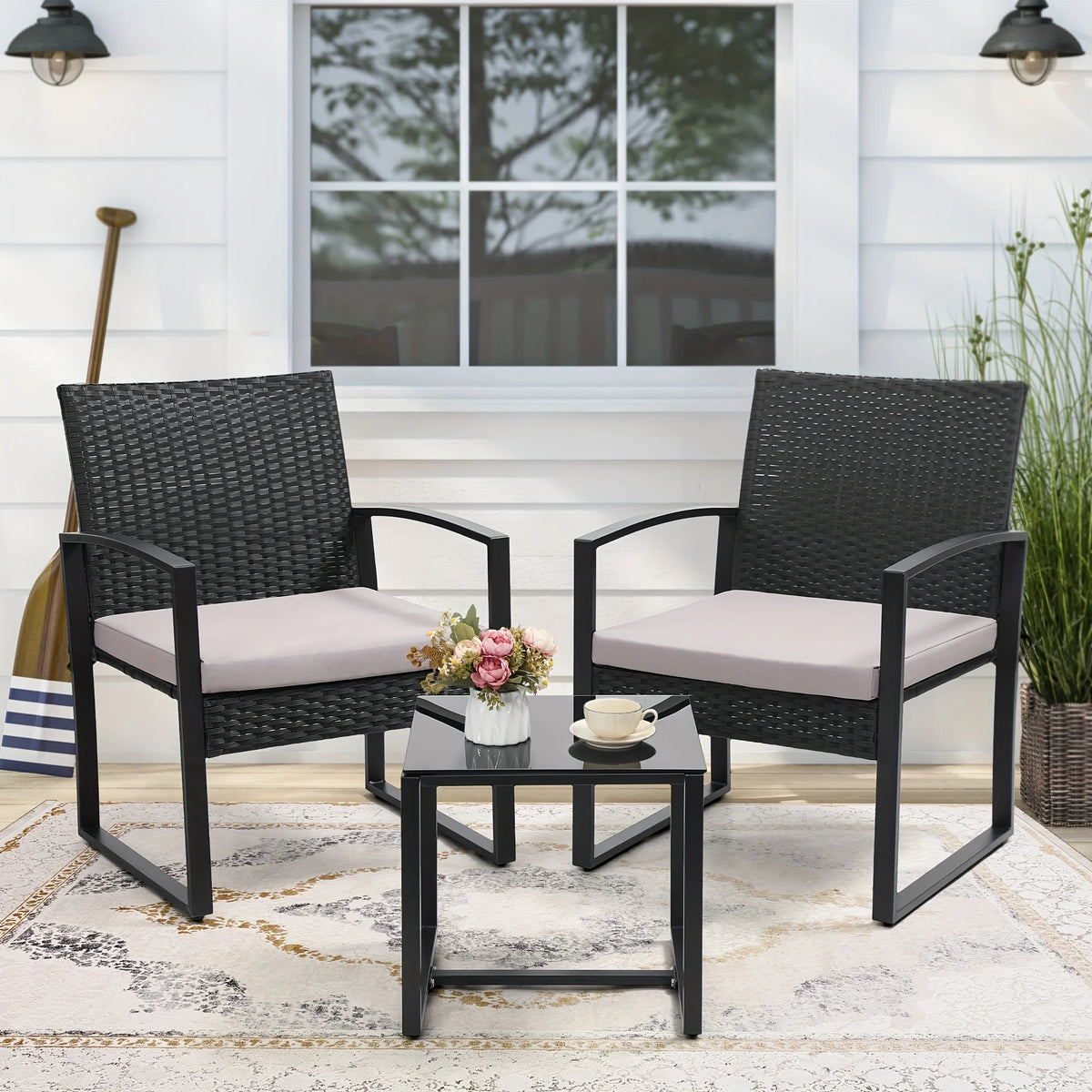 3 Pcs Outdoor Wicker Patio Bistro Set Conversation Furniture with Coffee Table Cushions for Garden Pool Balcony Backyard