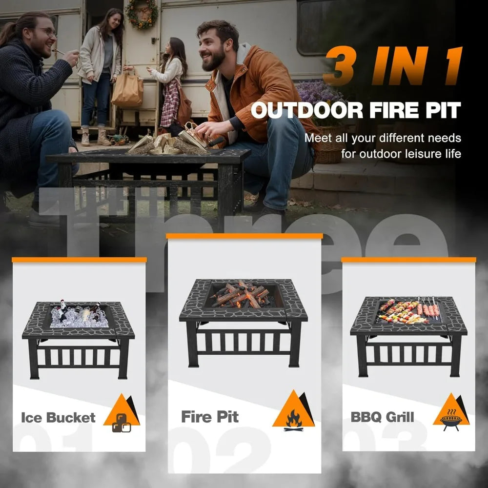 Devoko Outdoor Fire Pit, 32 Inch Firepit Table Metal Outdoor Fireplaces with Waterproof Cover for Outside Patio Camping (Silver)